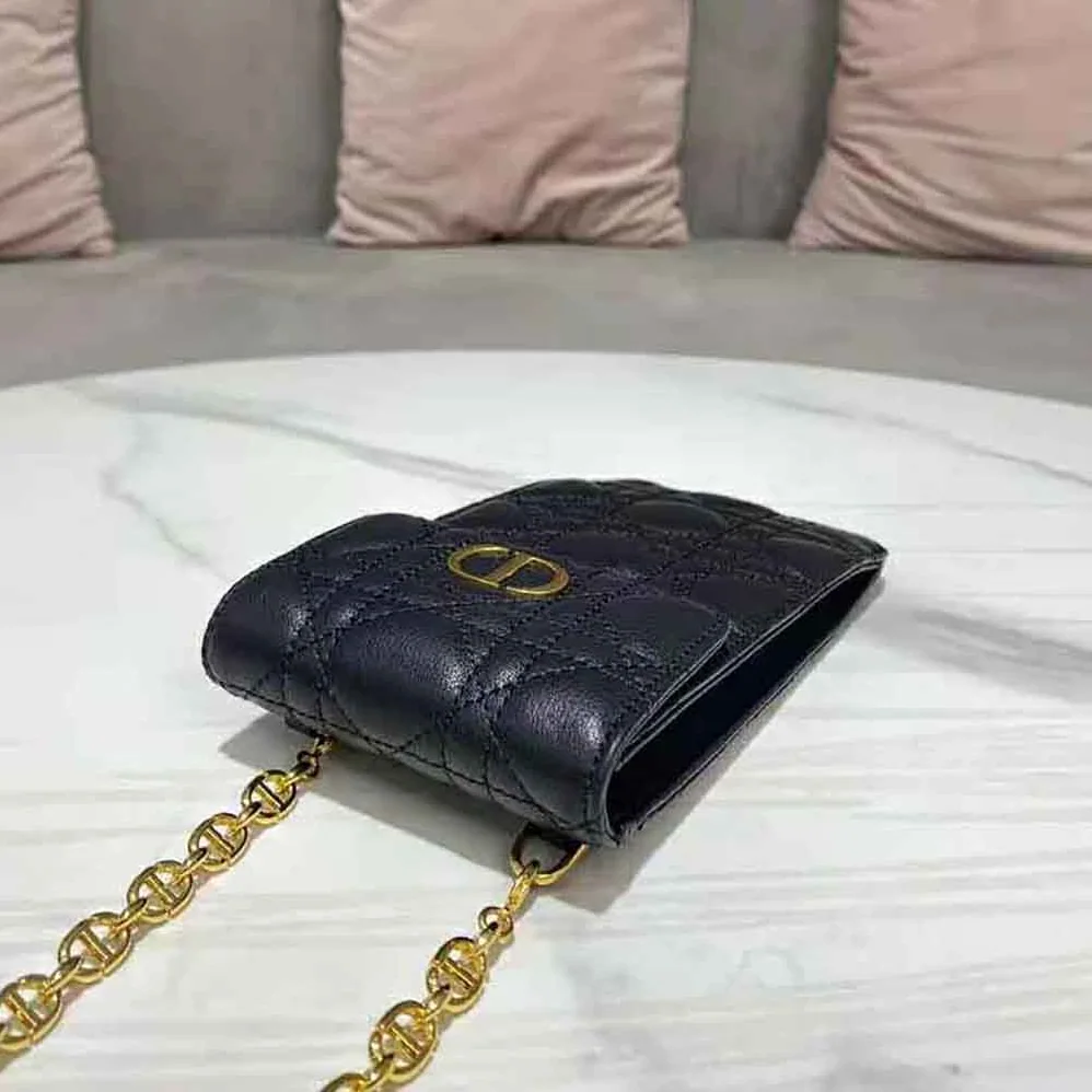 Dior Caro Phone Holder with Chain Black Supple Cannage Calfskin for Women