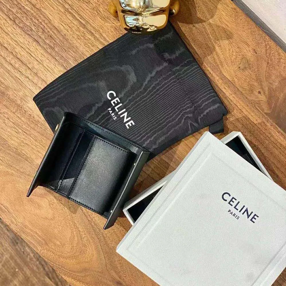 Celine Small Trifold Wallet in Grained Calfskin for Women in Black