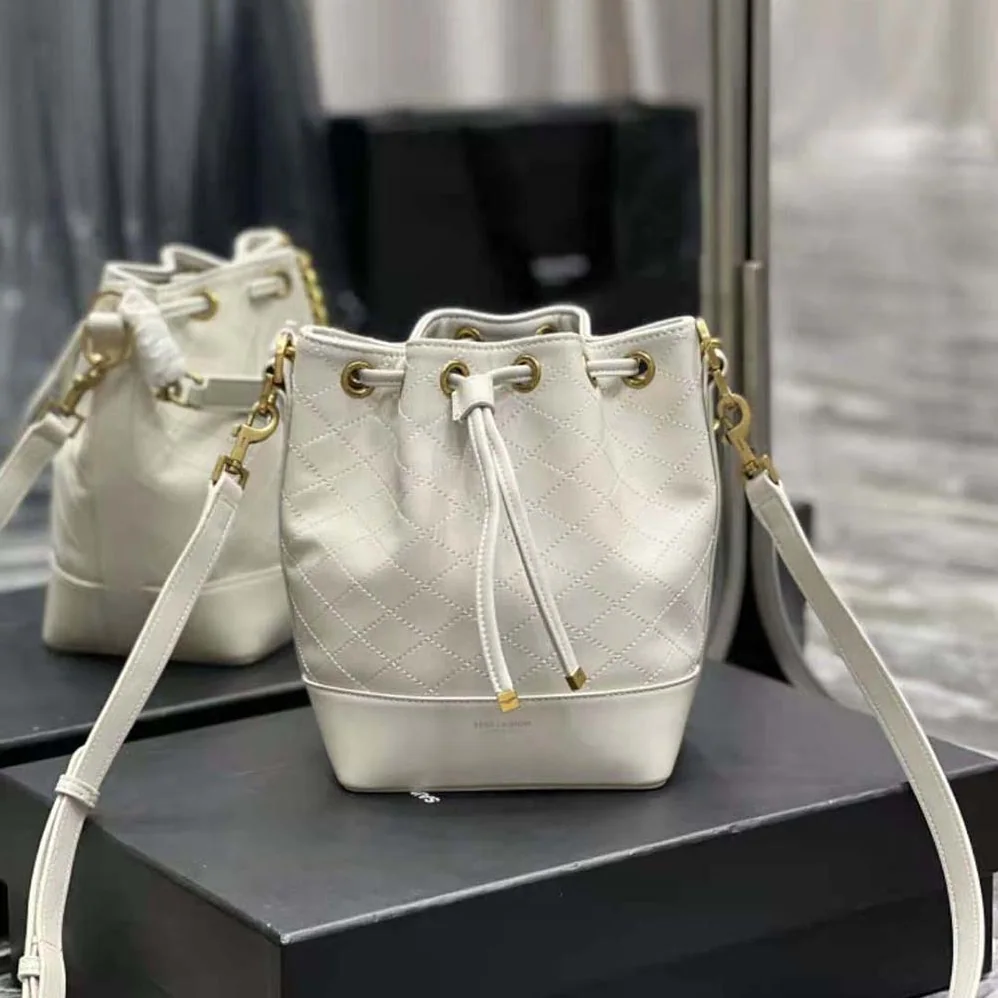 Saint Laurent YSL Emmanuelle Small Bucket Bag in Quilted Lambskin for Women in White Saint Laurent YSL Emmanuelle Small Bucket Bag in Quilted Lambskin for Women in White