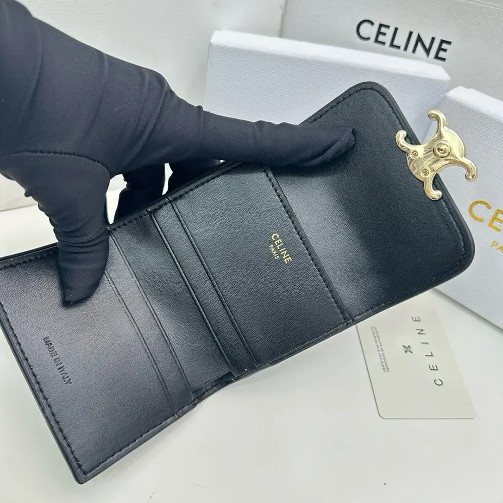 Celine Compact Wallet with Coin Triomphe in Shiny Calfskin for Women Celine Compact Wallet with Coin Triomphe in Shiny Calfskin for Women