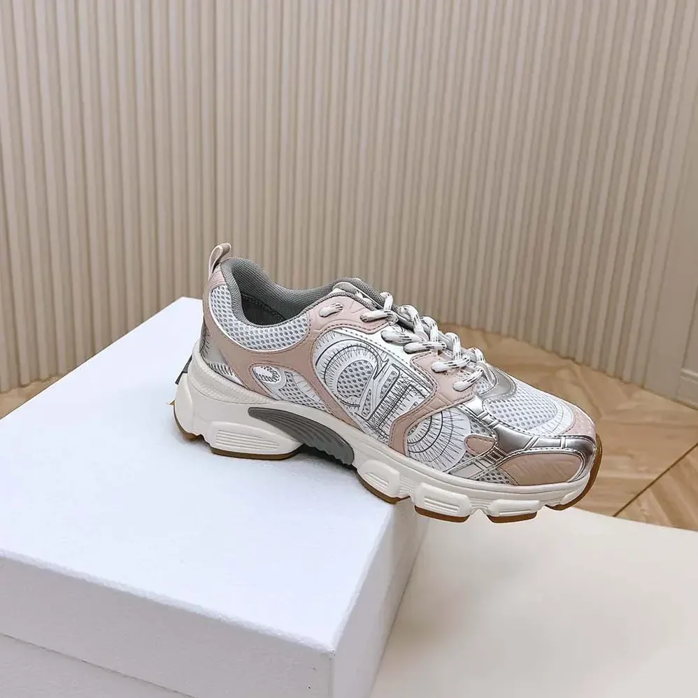 Dior Chrono Sneaker White Mesh with Nude and Silver-Tone Laminated Leather for Women in Effect Panels