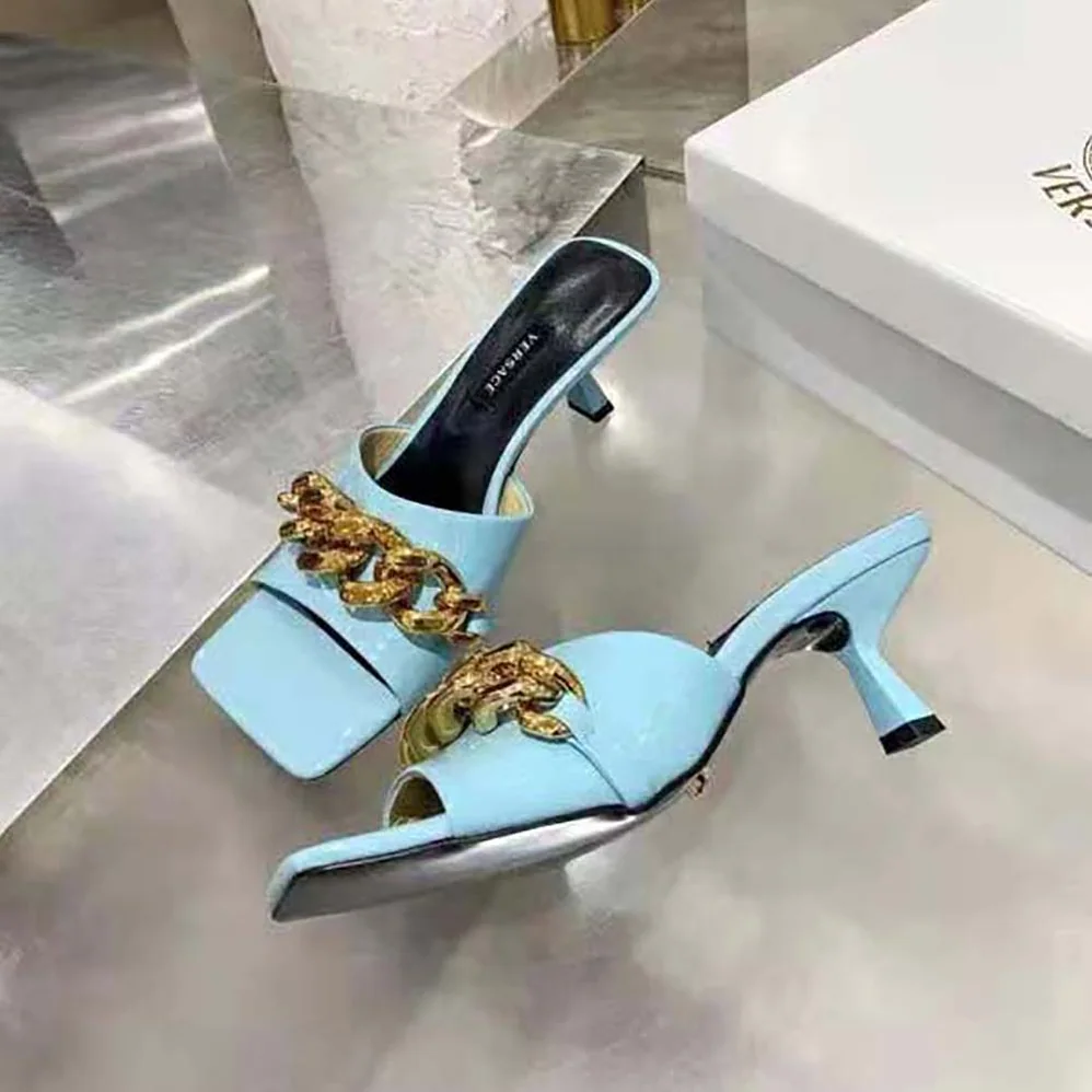 Versace Medusa Chain Mid-heel Naplak Mules for Women in Blue