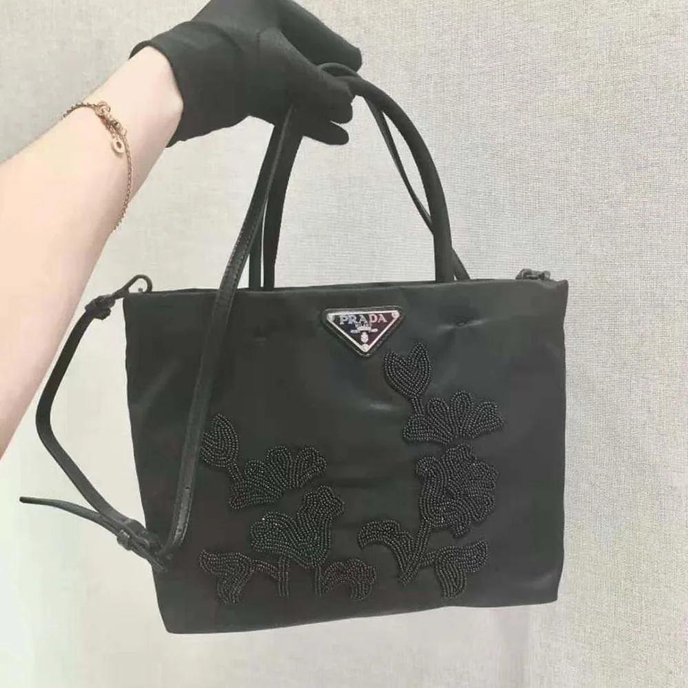 Prada Embroidered Nylon in Leather Handbag for Women in Black Prada Embroidered Nylon in Leather Handbag for Women in Black