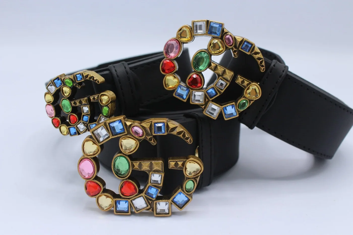 Leather belt with crystal Double G buckle