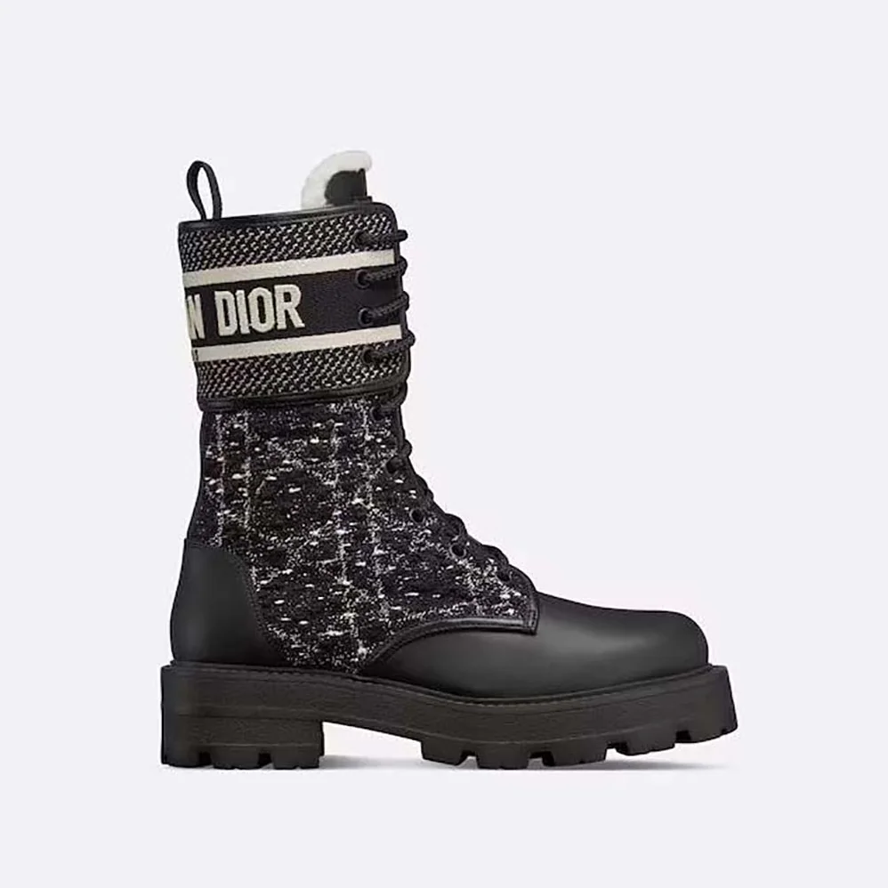 Dior D-Major Ankle Boot Black Calfskin with Black and White Cannage Tweed for Women Dior D-Major Ankle Boot Black Calfskin with Black and White Cannage Tweed for Women