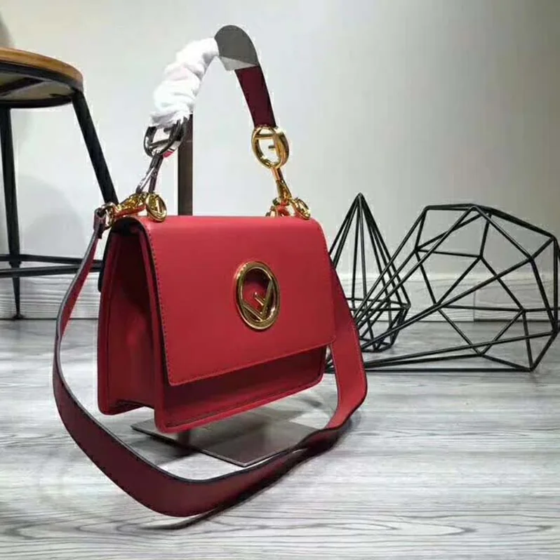 Fendi KAN I F Top Flap Leather Bag with Strap in Red