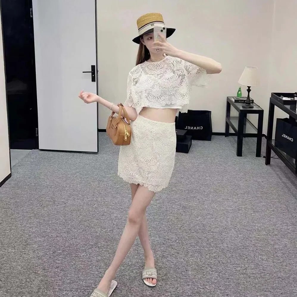 Dior Dioriviera Cropped Short-Sleeved Top Ecru Toile de Jouy Soleil Technical Cotton Lace for Women