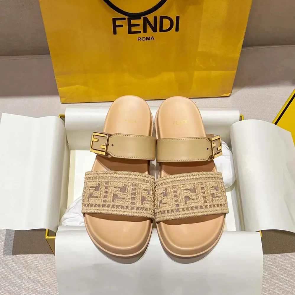 Fendi Feel Mesh Slides with Raffia FF Embroidery for Women