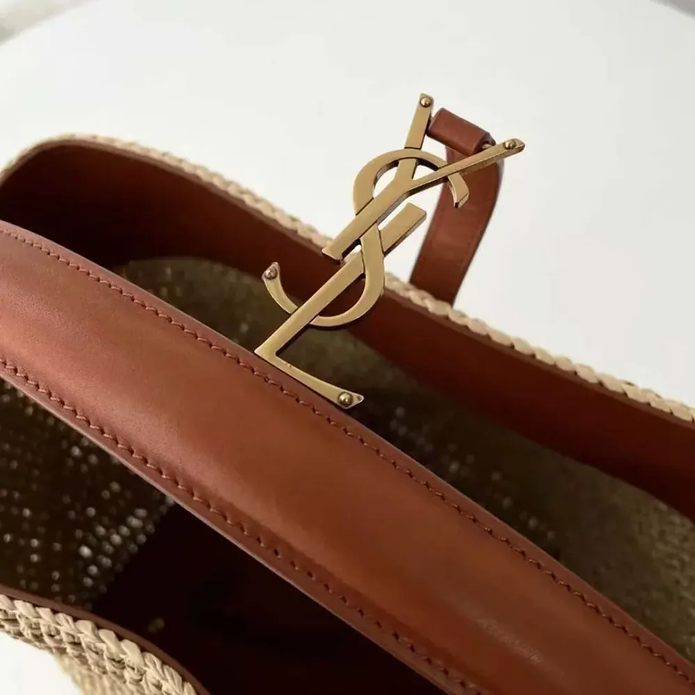 Saint Laurent YSL Le 37 Leather for Women in trimmed Raffia Bucket Bag Saint Laurent YSL Le 37 Leather for Women in trimmed Raffia Bucket Bag