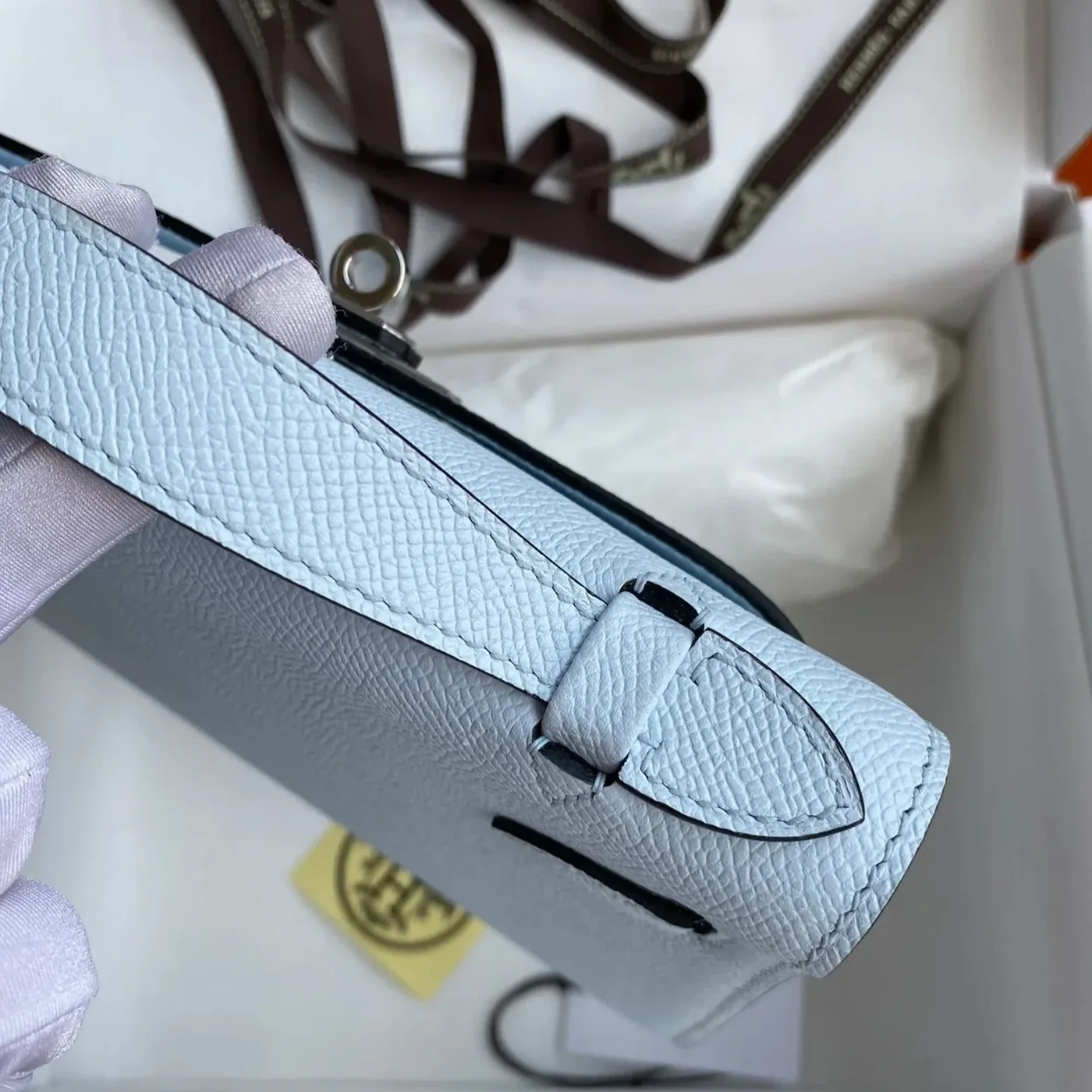 Hermes Kelly Pochette Top Handle Bag / Sky Blue Epsom Palladium Hardware Hermes Kelly Pochette Top Handle Bag / Sky Blue Epsom Palladium Hardware