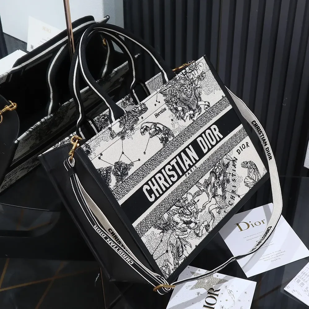 Dior Medium Dior Book Tote Latte and Black Dior Zodiac Embroidery with Black Calfskin for Women