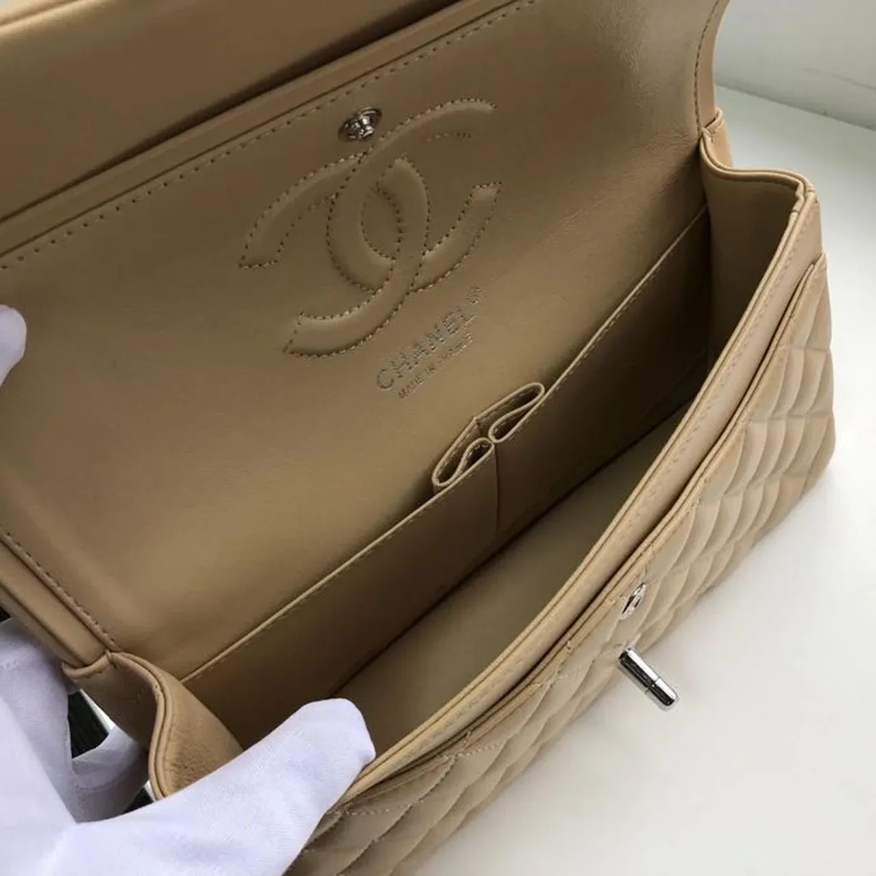 Chanel Classic Double Flap Bag Medium Crossbody in Beige Silver Hardware