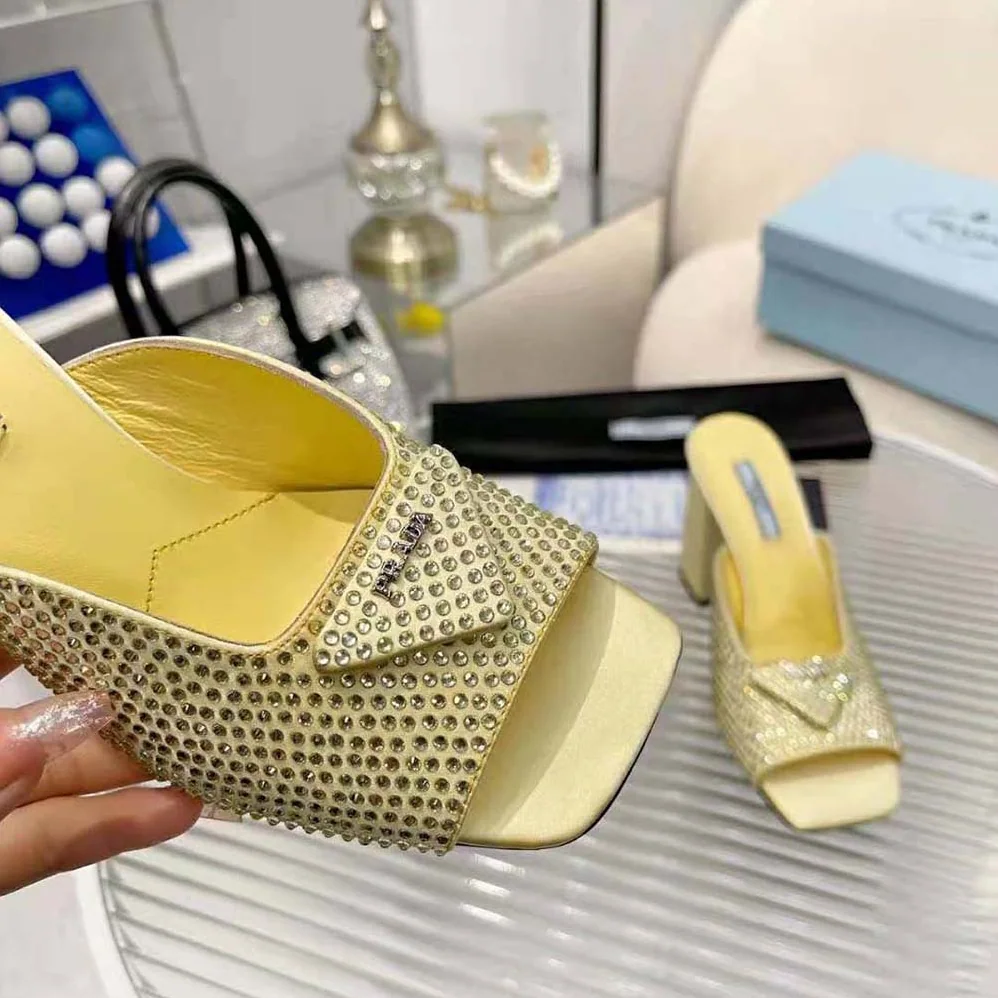 Prada High-Heeled Satin Slides with Crystals for Women in Yellow