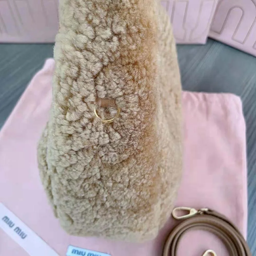Miu Miu Wander Shearling Hobo Bag with Leather Details for Women in Sandy