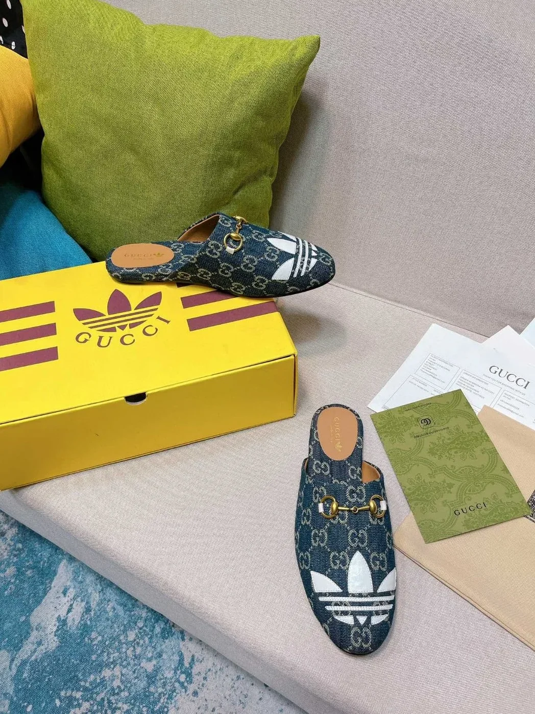 Gucci x Adidas GG Trefoil Slipper Blue for Women