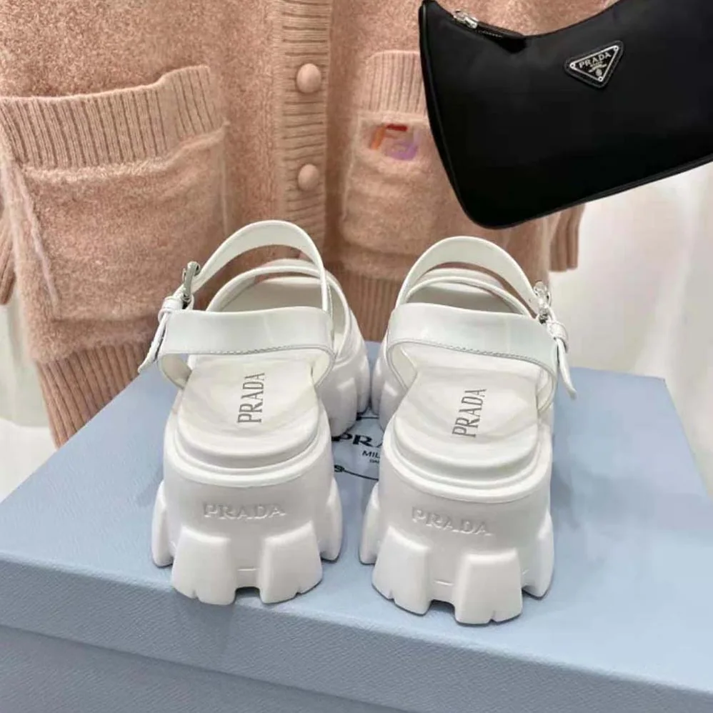 Prada Monolith Brushed Leather Sandals in 55mm Heel for Women in White