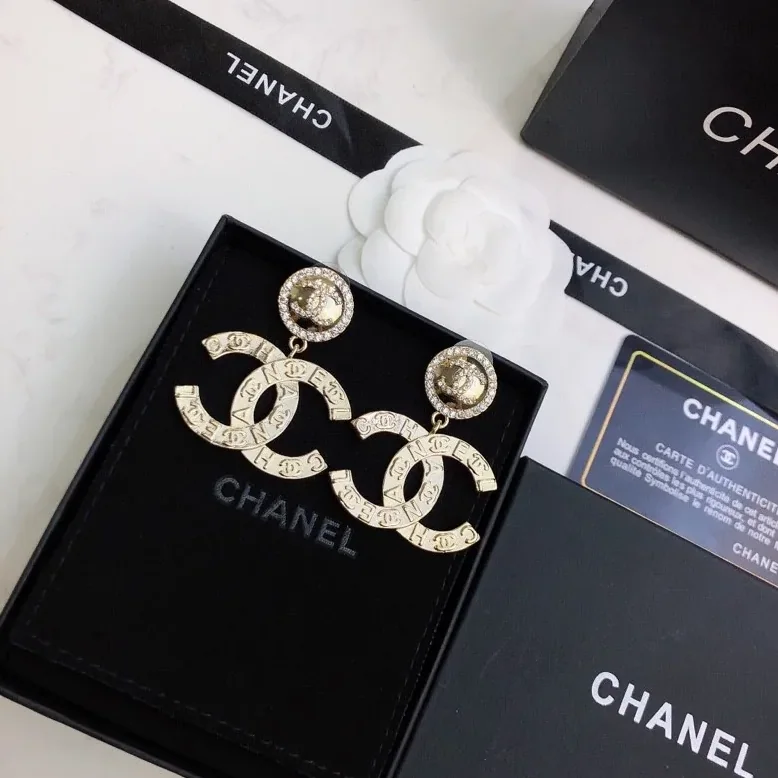 Chanel Engraved Pattern Douple C Earrings Gold Tone Chanel Engraved Pattern Douple C Earrings Gold Tone
