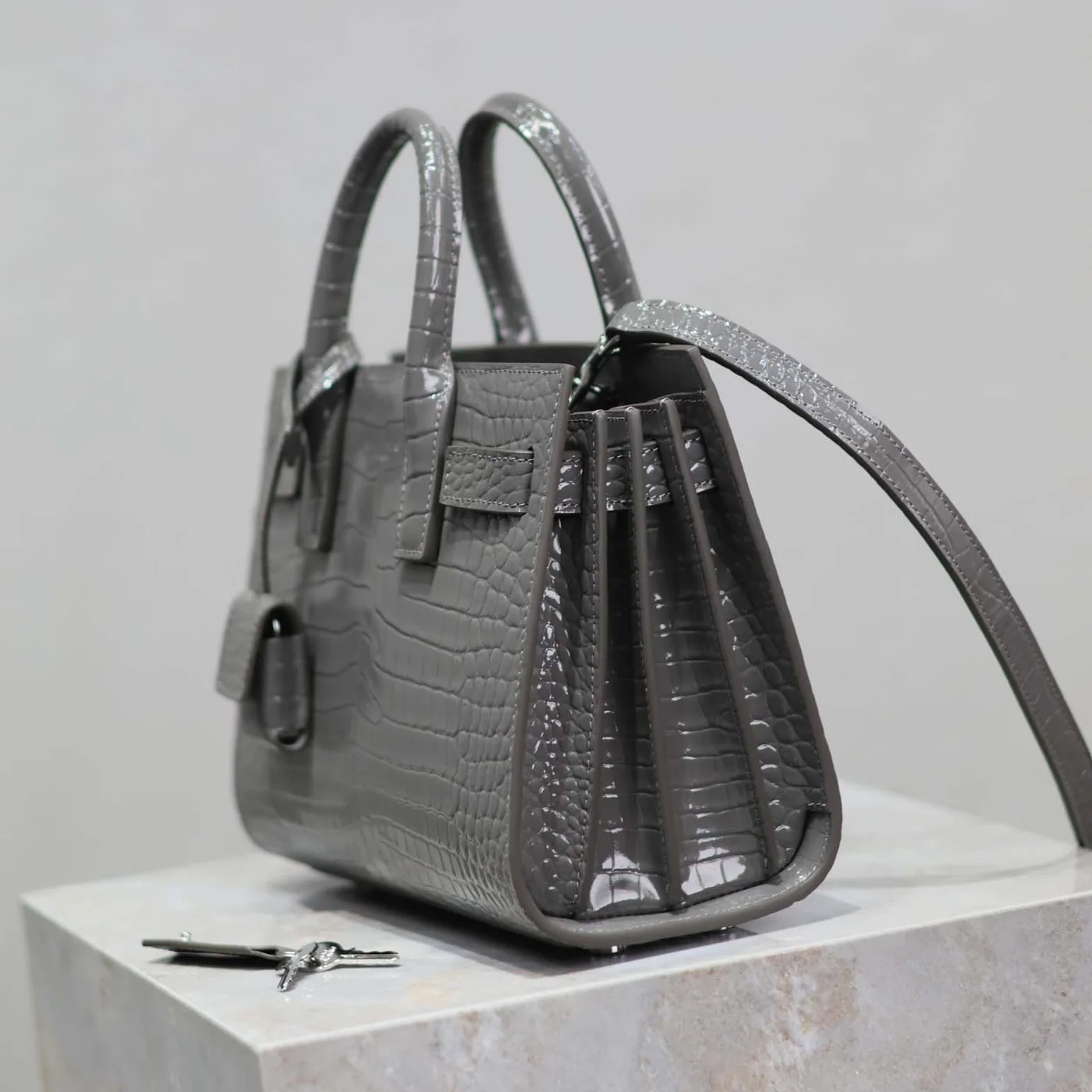 Saint Laurent YSL Sac De Jour in Crocodile Embossed Leather Nano for Women in Silver Saint Laurent YSL Sac De Jour in Crocodile Embossed Leather Nano for Women in Silver
