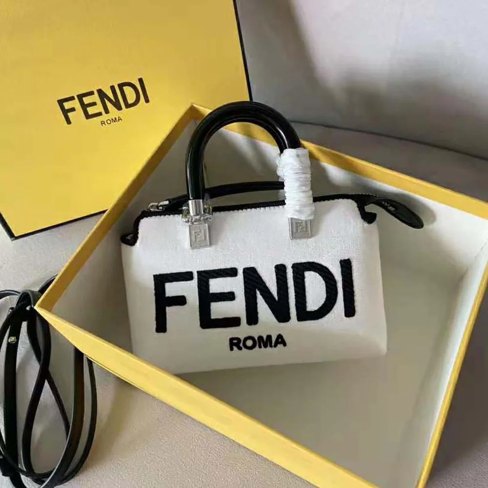 Fendi By The Way Mini White Canvas Small Boston Bag for Women Fendi By The Way Mini White Canvas Small Boston Bag for Women