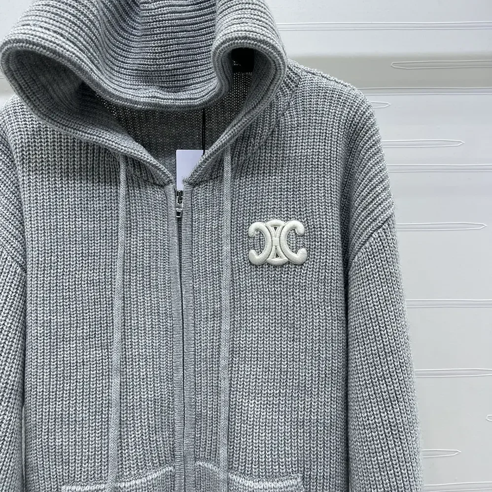 Celine Hooded Cardigan In Ribbed Wool for Women in Grey