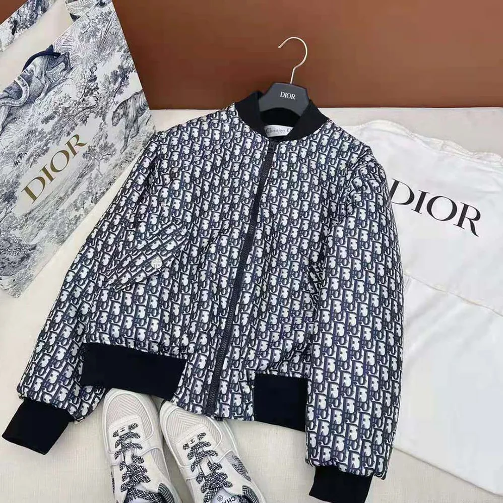 Dior Bomber Jacket with Criss Cross Collar Blue and Ecru Technical Taffeta Jacquard for Women Dior Bomber Jacket with Criss Cross Collar Blue and Ecru Technical Taffeta Jacquard for Women