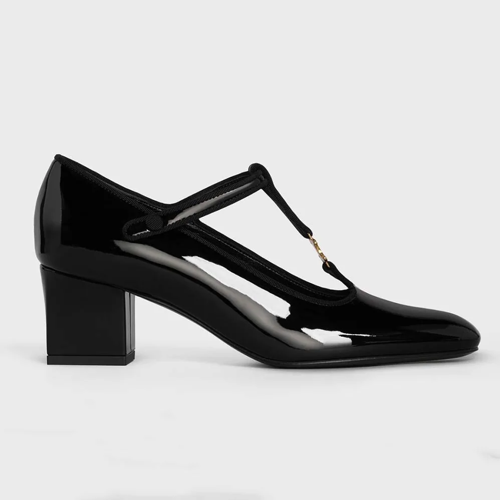 Celine Babies T-Bar Pump in Patent Calfskin and Grosgrain for Women in Black Celine Babies T-Bar Pump in Patent Calfskin and Grosgrain for Women in Black