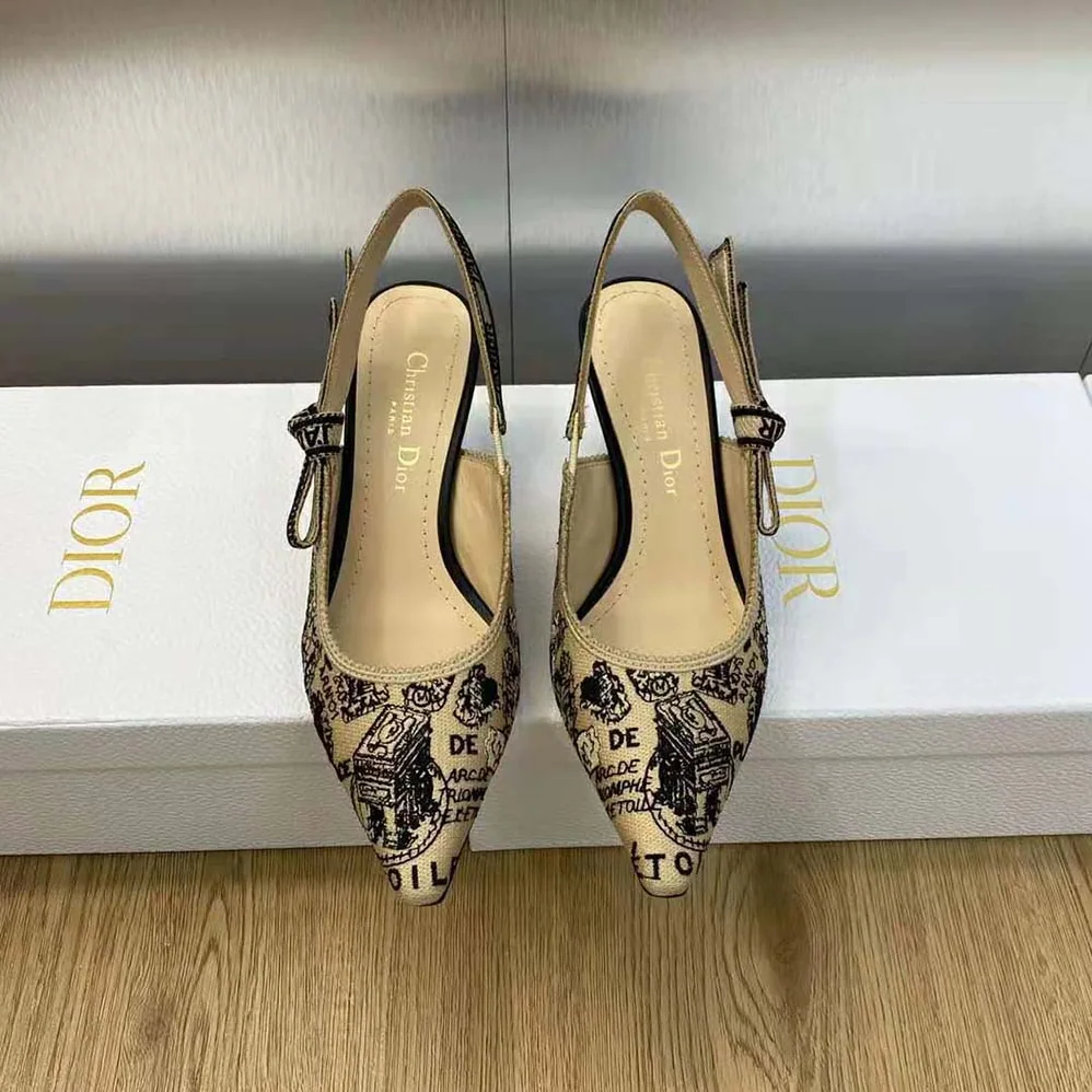 Dior J'Adior Slingback Pump Beige and Black Cotton Embroidered with Plan de Paris Motif for Women Dior J'Adior Slingback Pump Beige and Black Cotton Embroidered with Plan de Paris Motif for Women