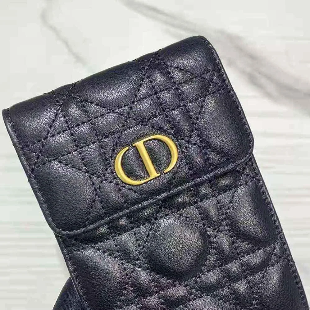 Dior Caro Phone Holder with Chain Black Supple Cannage Calfskin for Women