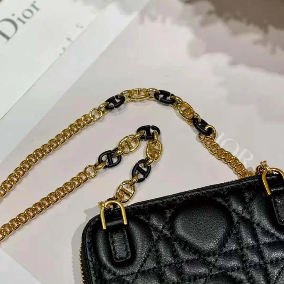 Dior Caro Detachable Card Holder Black Supple Cannage Calfskin for Women