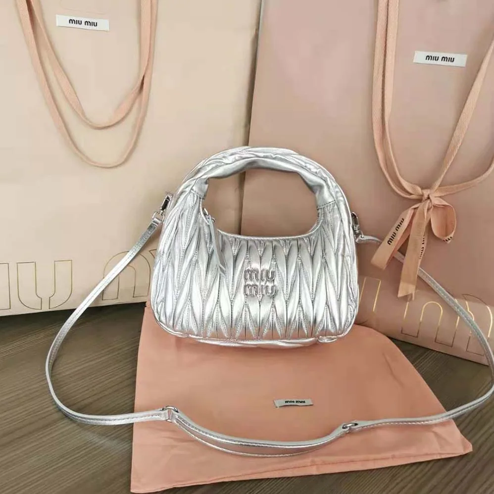 Miu Miu Wander Matelassé Nappa Leather Hobo Mini-Bag for Women in Silver