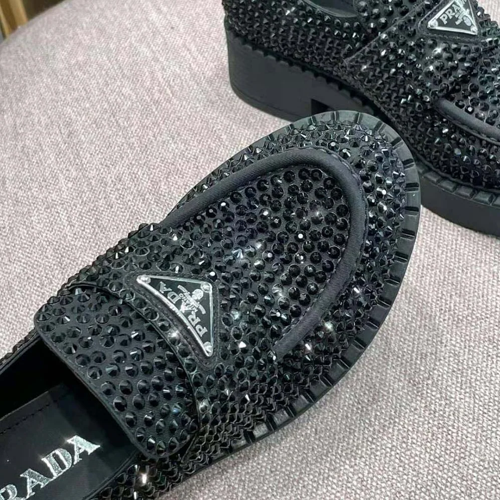 Prada Chocolate Satin Loafers with Crystals for Women in Black Prada Chocolate Satin Loafers with Crystals for Women in Black