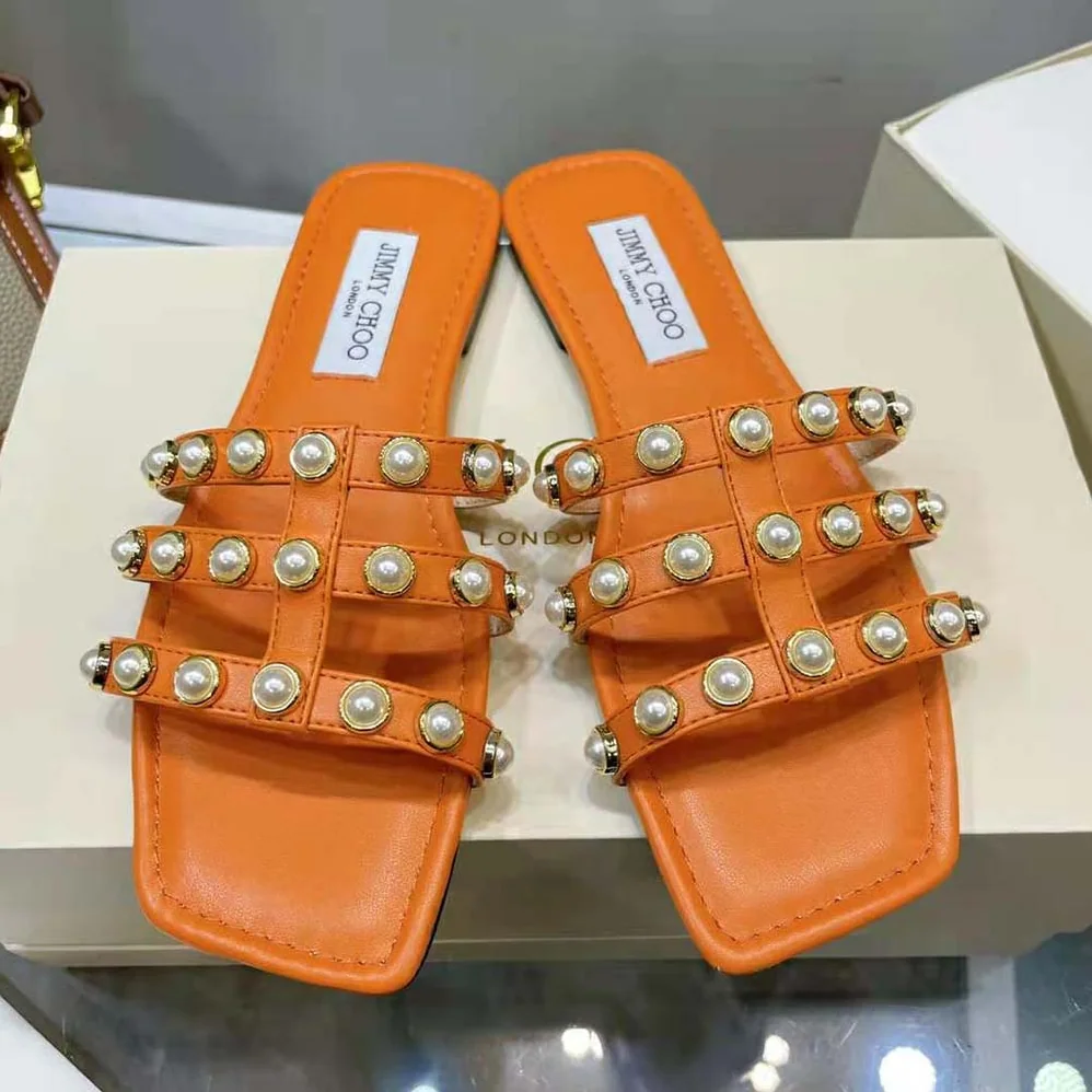 Jimmy Choo Hazal Flat Amber Orange Suede Caged Flats with Pearl Studs for Women Jimmy Choo Hazal Flat Amber Orange Suede Caged Flats with Pearl Studs for Women
