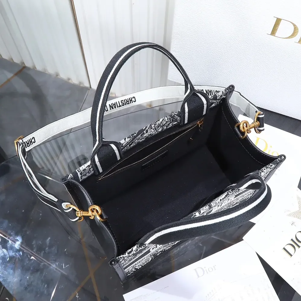 Dior Small Dior Book Tote Black and White Plan de Paris Embroidery with Black Calfskin for Women