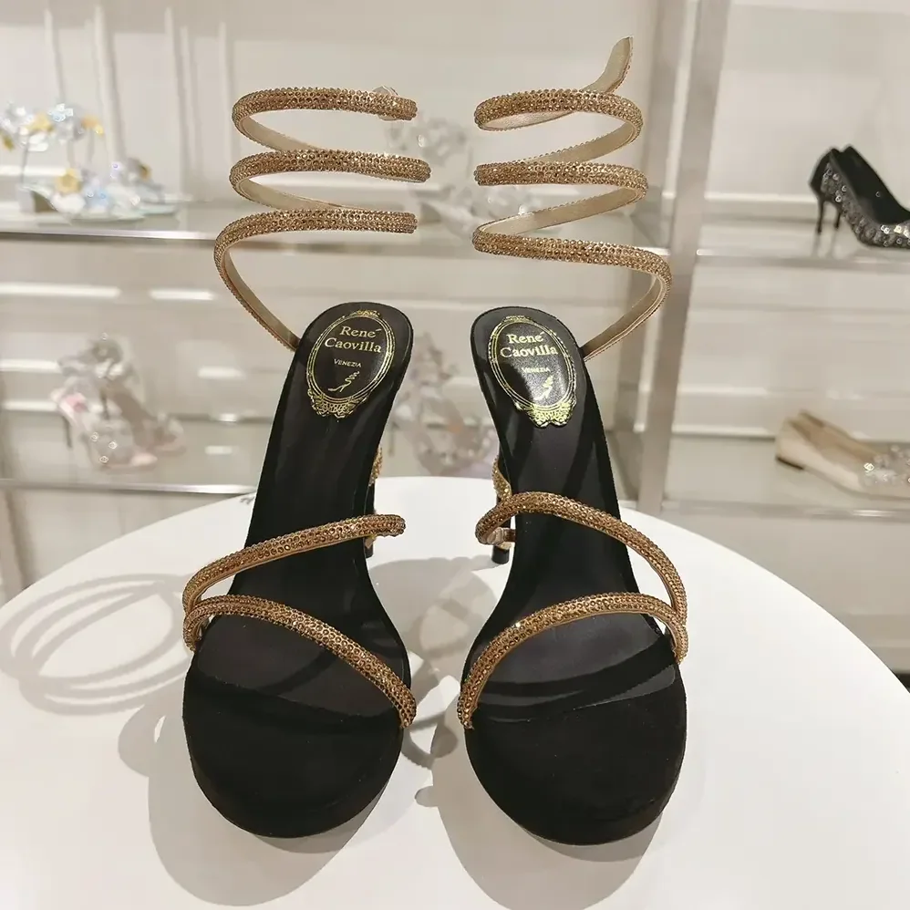 Rene Caovilla Margot Crystal Black-gold Platform Sandal 130 for Women Rene Caovilla Margot Crystal Black-gold Platform Sandal 130 for Women
