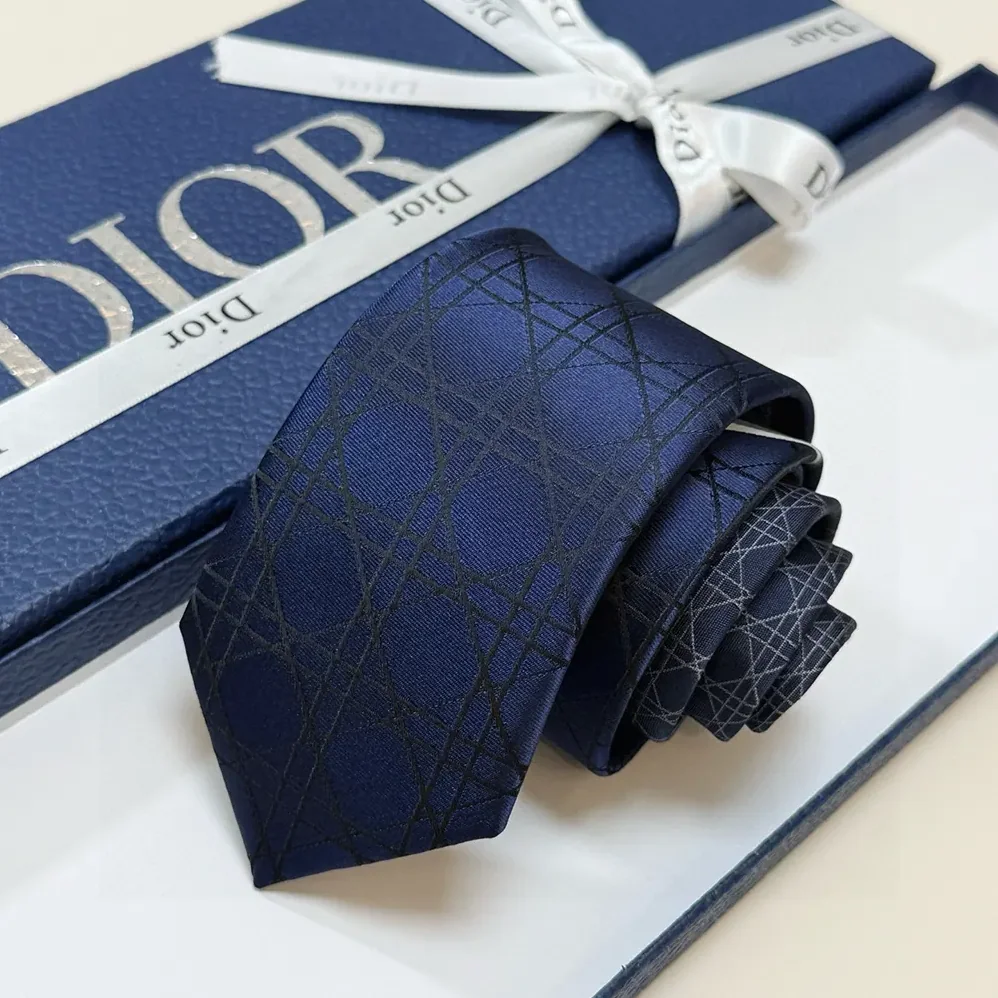 Dior Striped Cannage Tie Navy Blue Gray and White Silk for Men