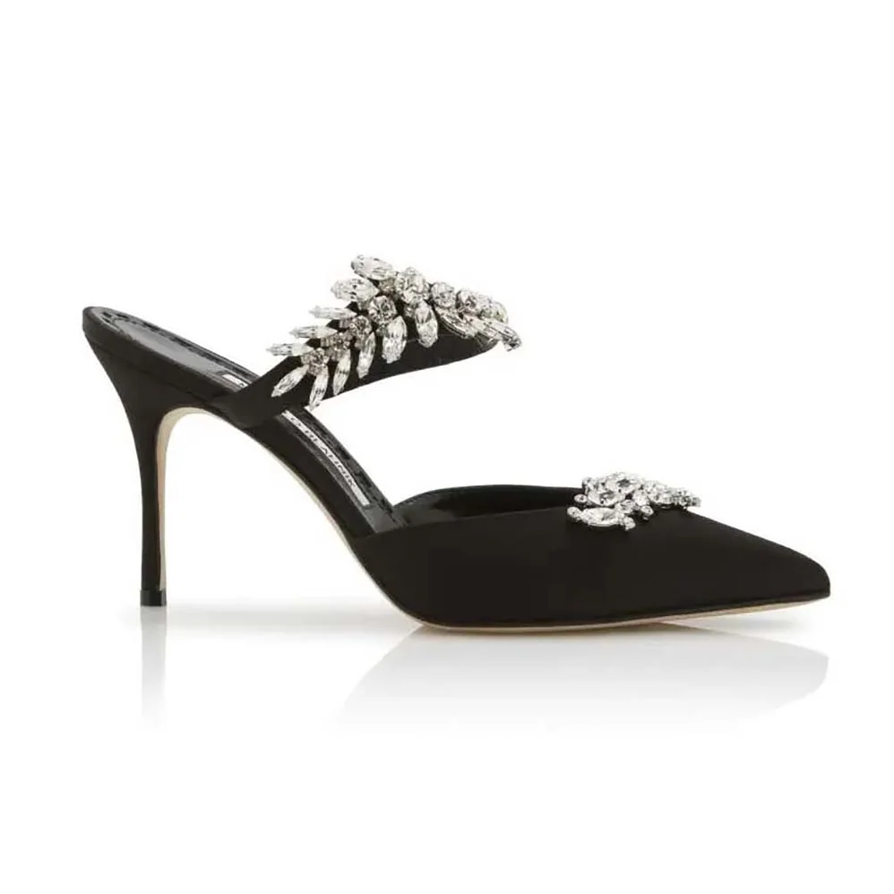 Manolo Blahnik Black Satin Crystal Embellished Mules for Women Manolo Blahnik Black Satin Crystal Embellished Mules for Women