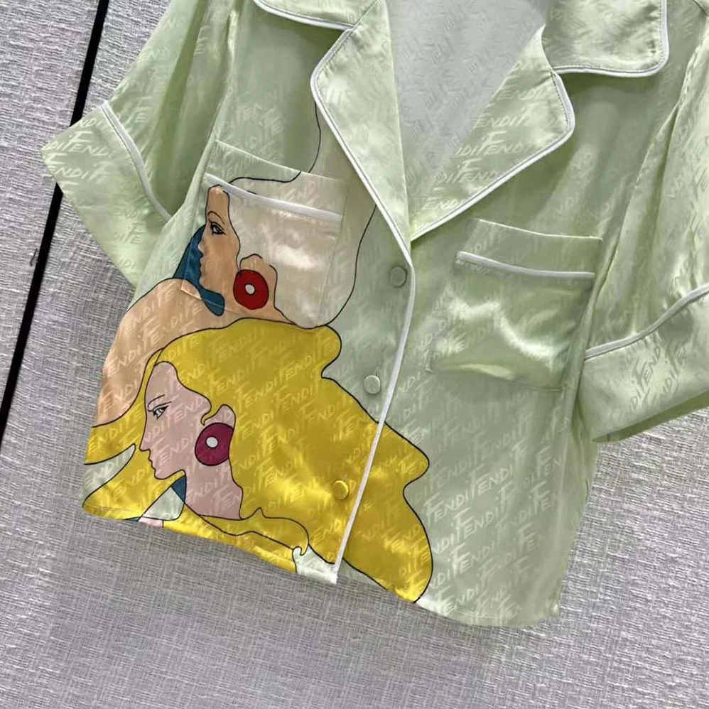 Fendi Pajama Set Multicolor Silk Pajama Set for Women in Lime