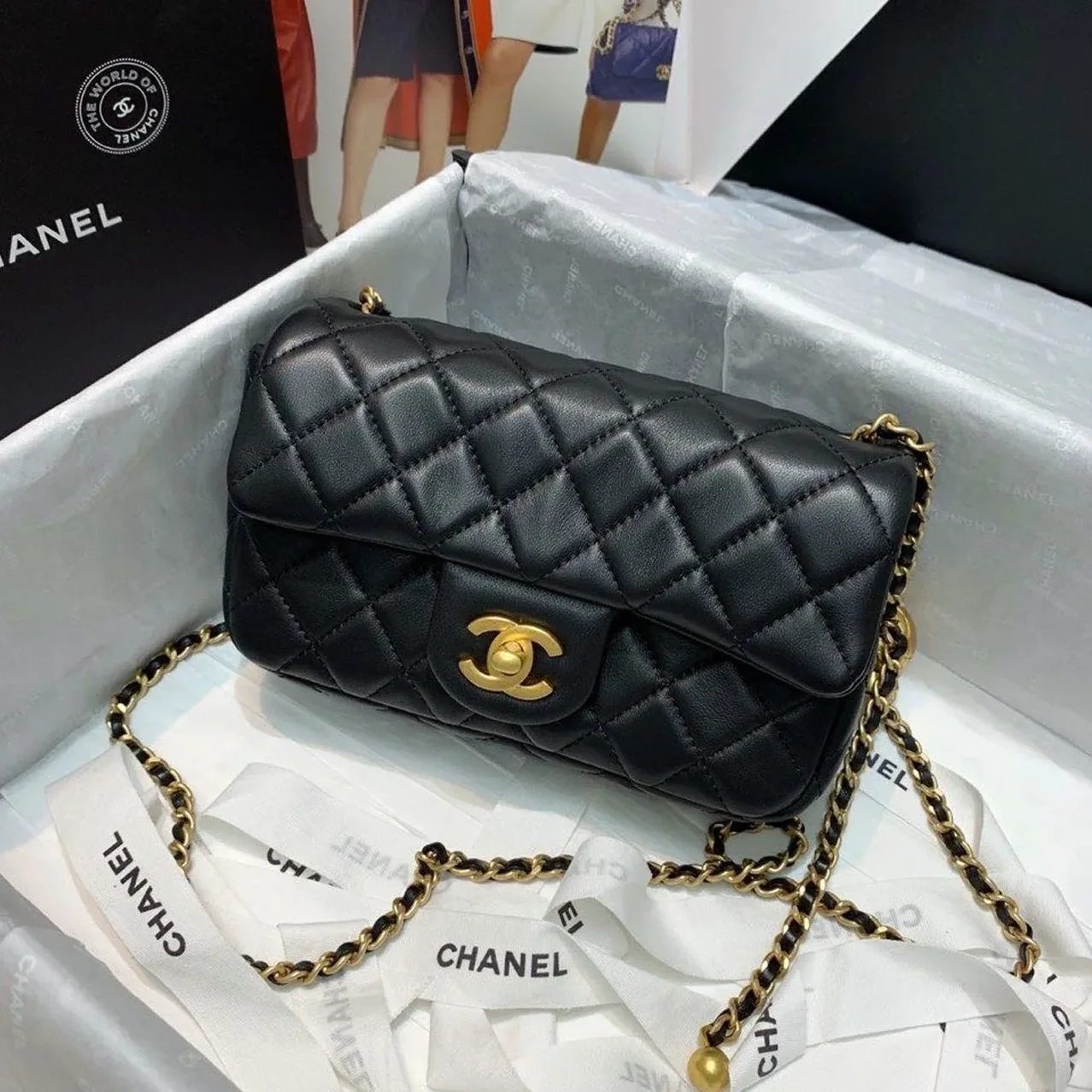 Chanel Flap Bag With CC Ball On Strap Small Crossbody in Black Gold Hardware
