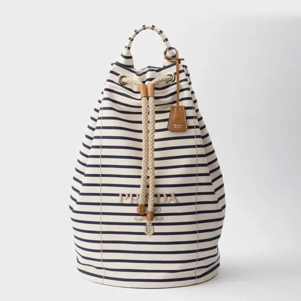 Prada Striped Canvas Drawstring Duffel Bag for Unisex in White