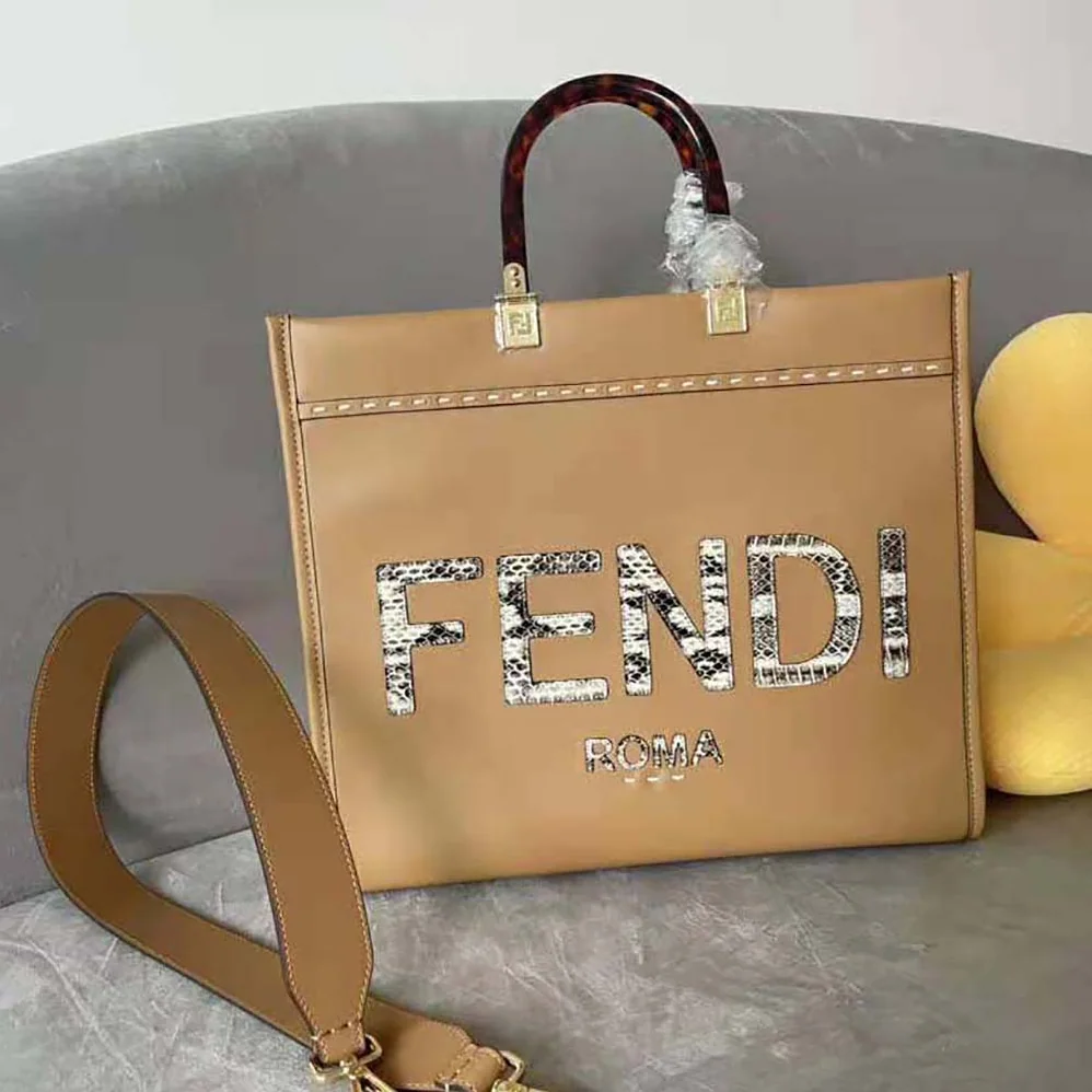 Fendi Sunshine Medium Light Brown Leather and Elaphe Shopper Bag for Women