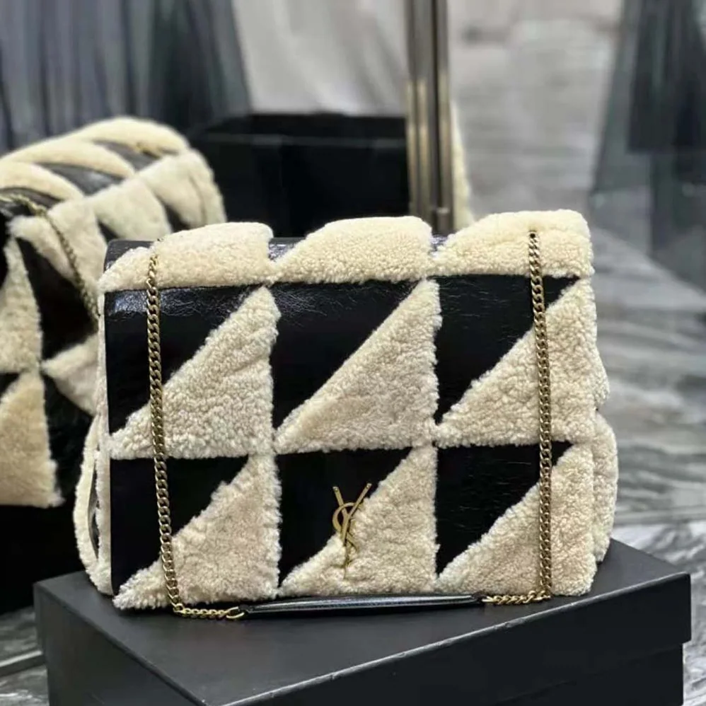 Saint Laurent YSL Jamie Giant Chain Bag “Carré Rive Gauche” in Suede and Shearling Patchwork for Women in Black Saint Laurent YSL Jamie Giant Chain Bag “Carré Rive Gauche” in Suede and Shearling Patchwork for Women in Black
