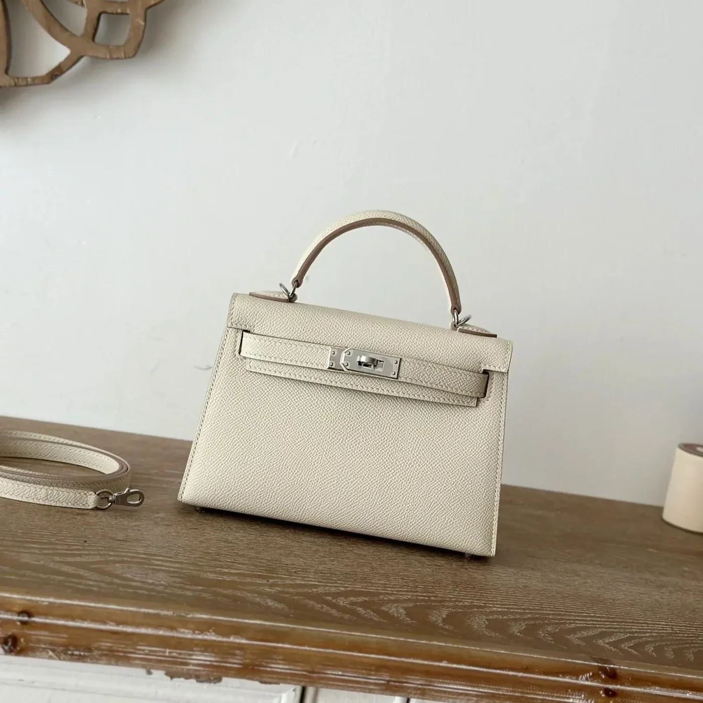 Hermes Kelly Mini Top Handle Bag in Craie Epsom Palladium Hardware