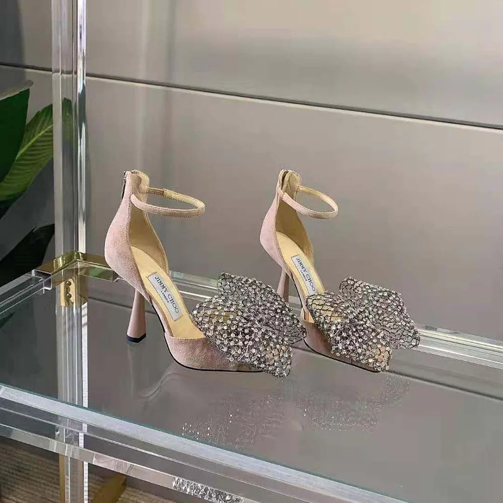 Jimmy Choo Mana 100 Ballet Pink Suede Sandals with Crystal Bow Clasp for Women Jimmy Choo Mana 100 Ballet Pink Suede Sandals with Crystal Bow Clasp for Women