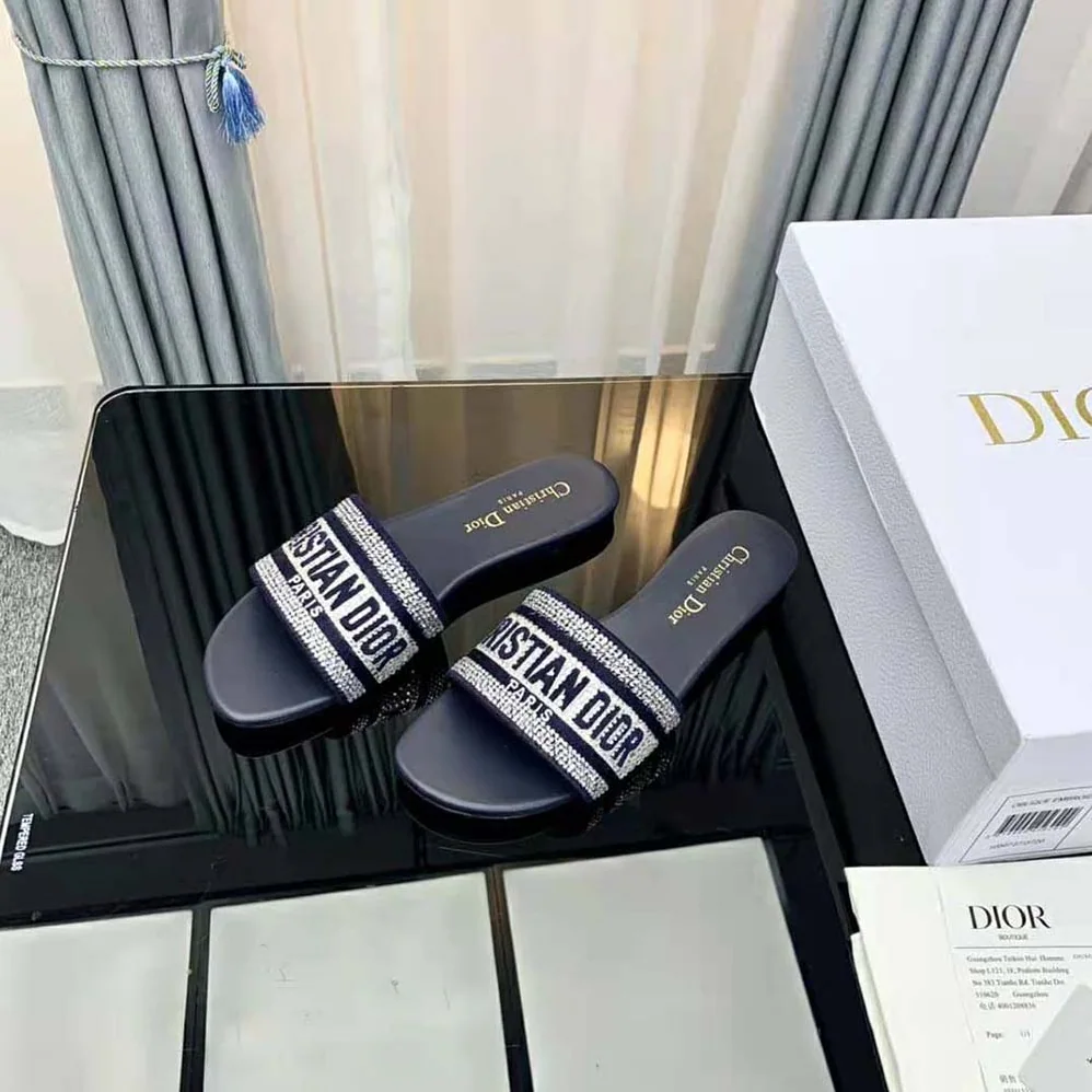 Dior Dway Slide Black Cotton Embroidery with Metallic Thread and Silver for Women in Tone Strass