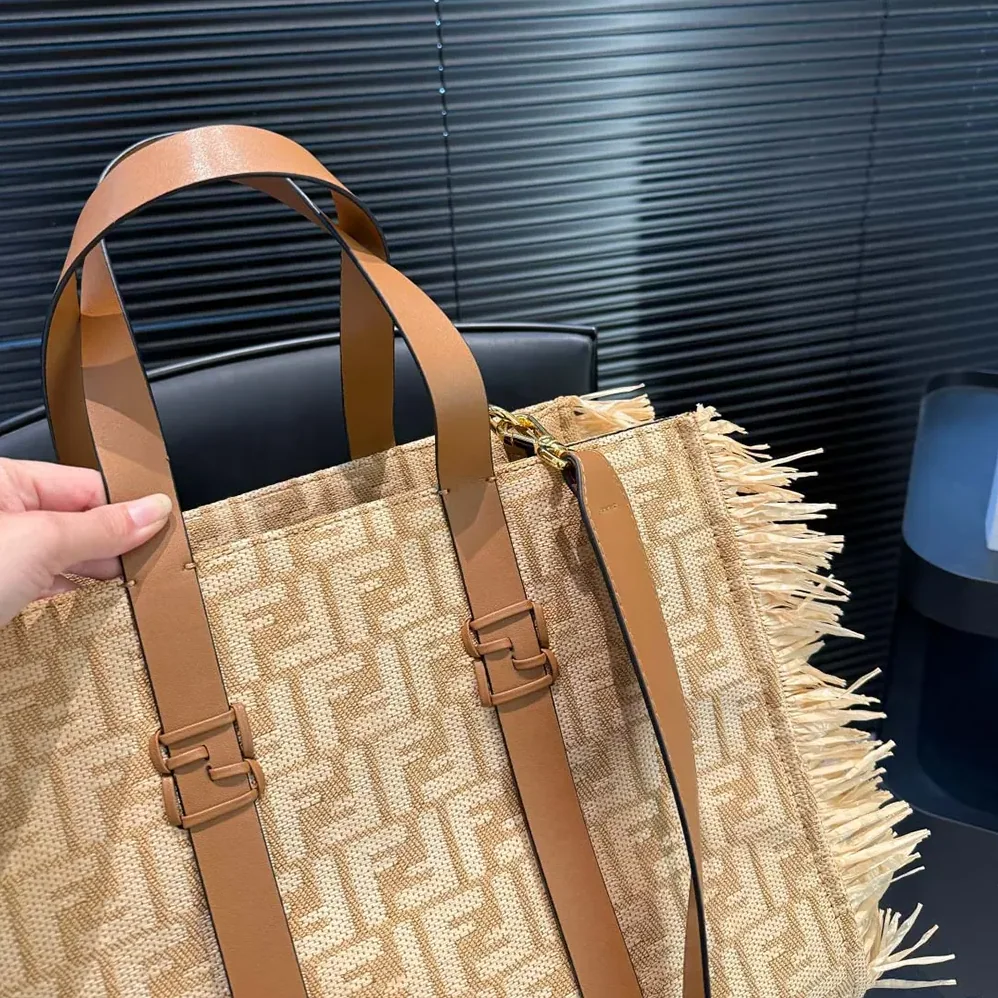Fendi Summer Tote Jacquard Fabric Bag with Raffia FF for Women