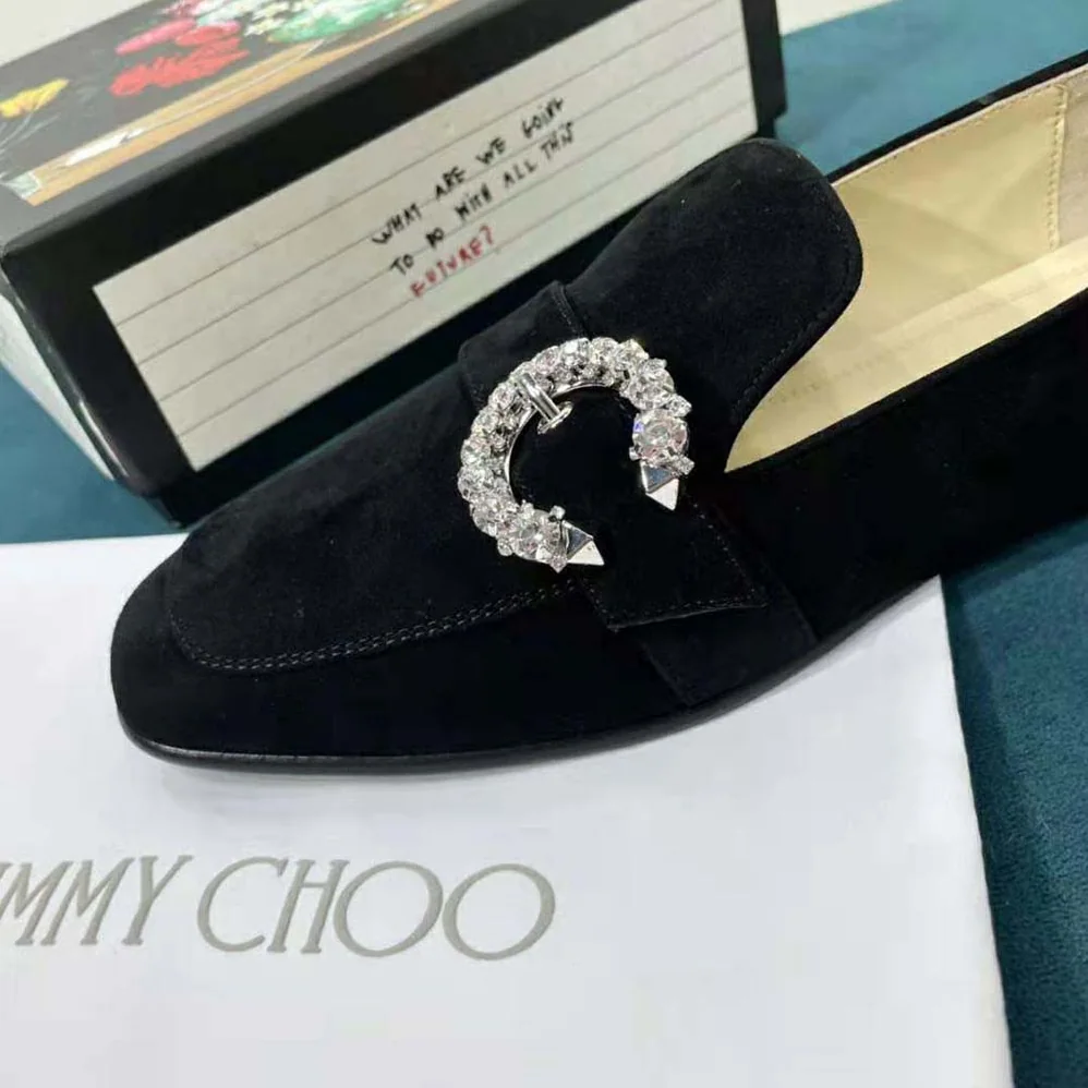 Jimmy Choo Mani Flat Black Suede Loafers with Crystal Buckle for Women