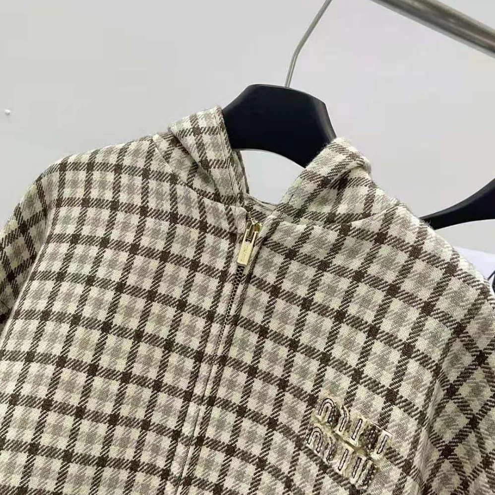 Miu Miu Check Blouson Jacket with Embroidered Logo for Women Miu Miu Check Blouson Jacket with Embroidered Logo for Women