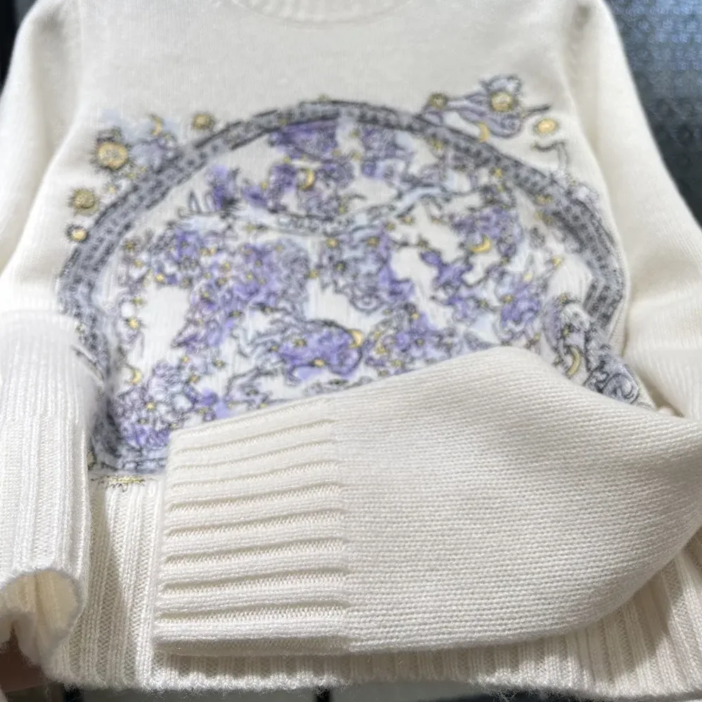 Dior Embroidered Sweater Ecru Cashmere Knit with Blue Dior Night of Dreams Motif for Women Dior Embroidered Sweater Ecru Cashmere Knit with Blue Dior Night of Dreams Motif for Women