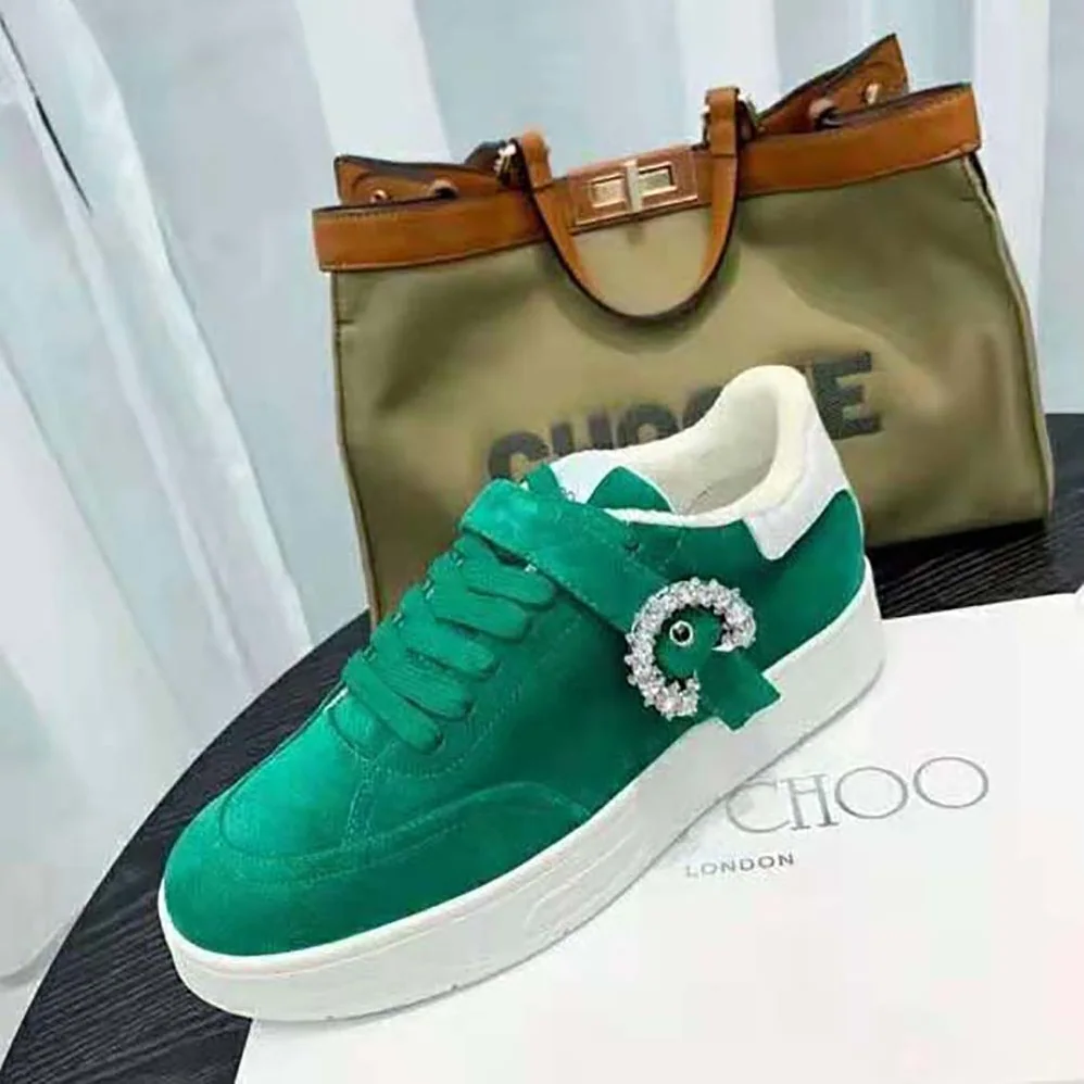 Jimmy Choo Osaka Lace up Malachite Suede and White Calf Leather Low Top Trainers for Women Jimmy Choo Osaka Lace up Malachite Suede and White Calf Leather Low Top Trainers for Women