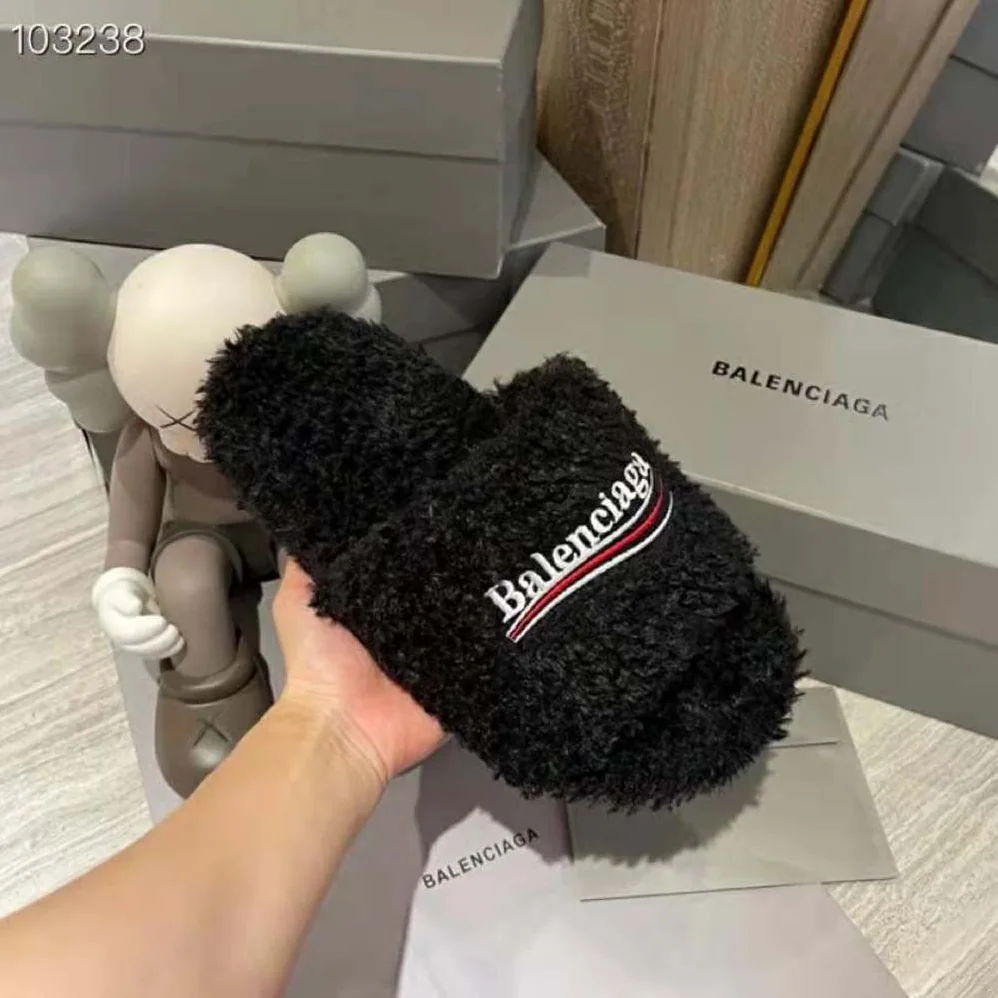 Balenciaga Furry Slide Sandal in Black Fake Shearling white Political Campaign Embroideries for Women